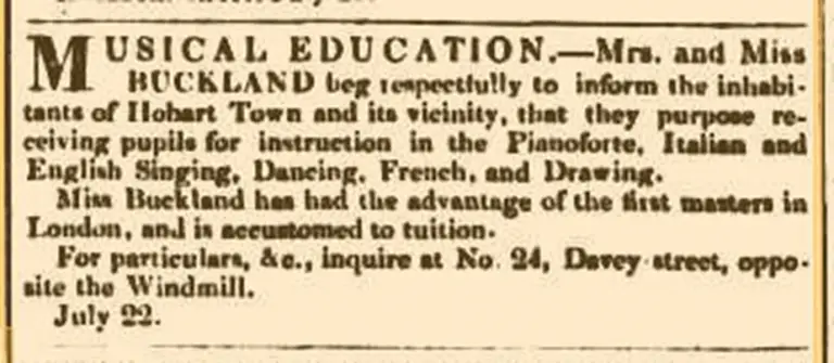 Advertisement for Ann Buckland’s school, Hobart Town Courier, page 1, July 30 1841.