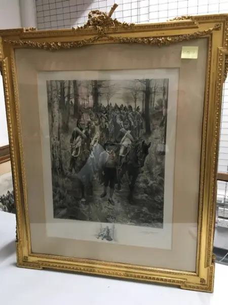 Example of Meissonier etching in elaborate golden frame.