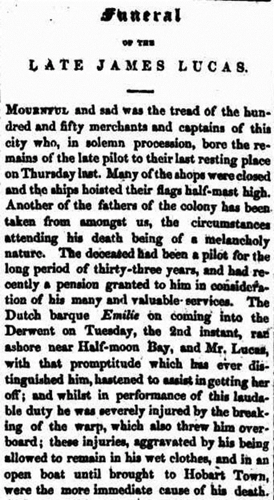 Extract from Obituary of James Lucas, Colonial Times, Hobart, 13 August 1853 (p3).