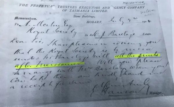 Memo advising RST of Meissonier bequest by Charles Barclay – 1904.