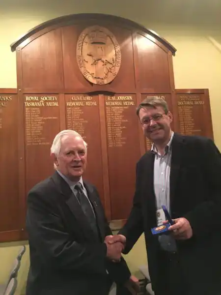 Professor David Green receiving the RM Johnston Memorial Medal from Professor Matt King, RST President, in 2016. Photo courtesy of Mary Koolhof.
