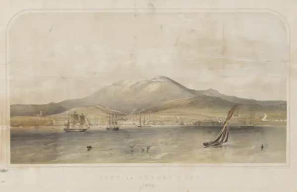 CITY OF HOBART TOWN, Tinted lithograph printed by E. Walker, after a drawing by Knud Bull, 1855.