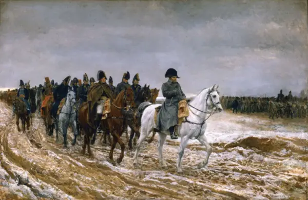 The original Meissonier oil painting. Campaign of France, 1814, oil on wood by Ernest Meissonier, 1864; in the Orsay Museum, Paris.