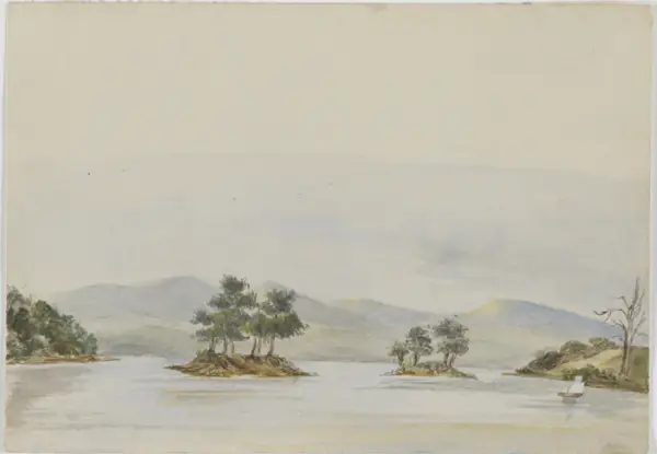 Faith Hope and Charity Islands at Port Esperance – Tasmania, James Lucas c. 1829–53. Royal Society of Tasmania Art Collection.