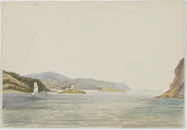 From Pot Lighthouse Storm Bay, James Lucas c. 1829–53. Royal Society of Tasmania Art Collection.