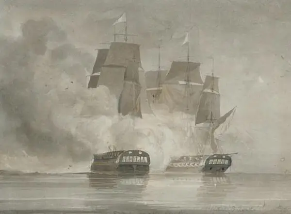 John Christian Schetky, 1778–1874, a drawn battle between the French frigate Aréthuse and the British frigate Amelia , 7th February 1813, pen and ink over grey wash.