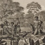 Vintage engraving of Indigenous family in tropical landscape
