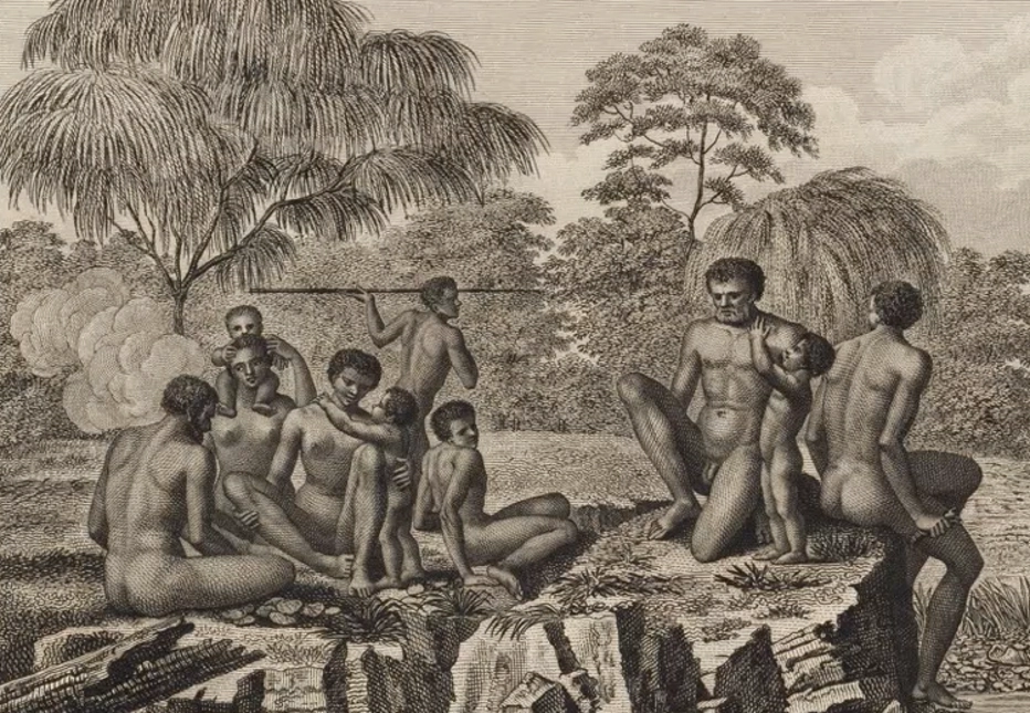 Vintage engraving of Indigenous family in tropical landscape