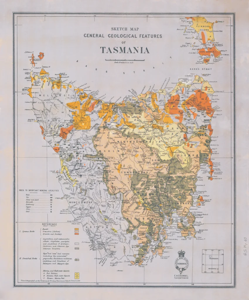 Sketch map of geological features of Tasmania 1892 Archival Print from The RST Map Collection
