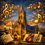 Glowing musical notes surround church at dusk