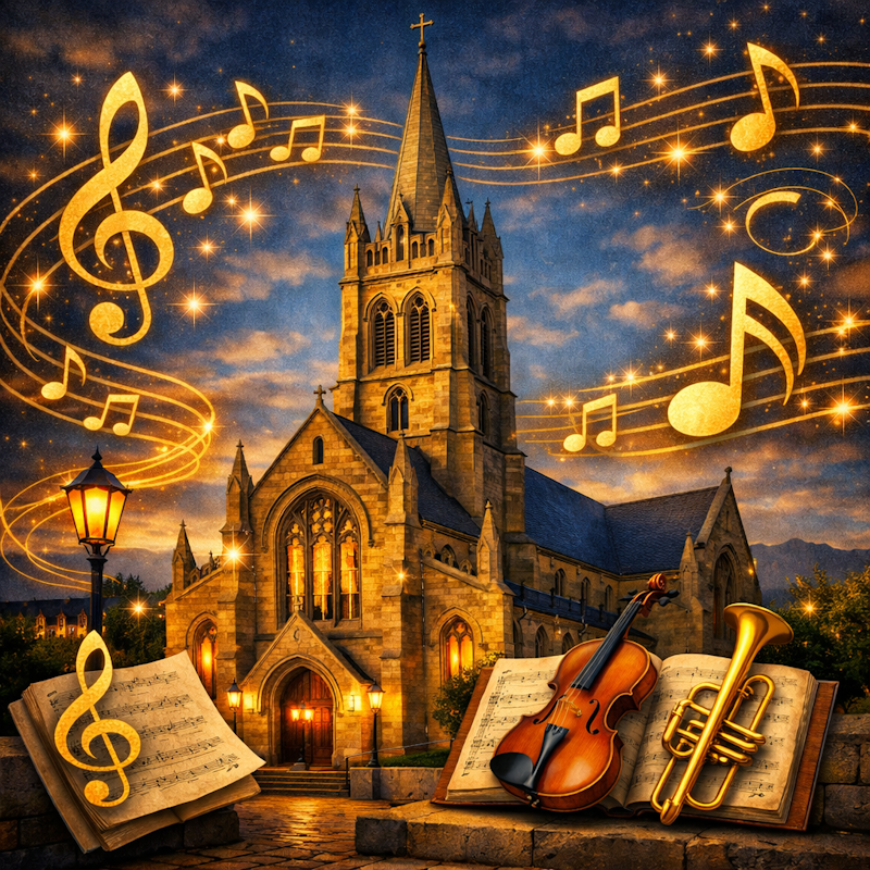Glowing musical notes surround church at dusk